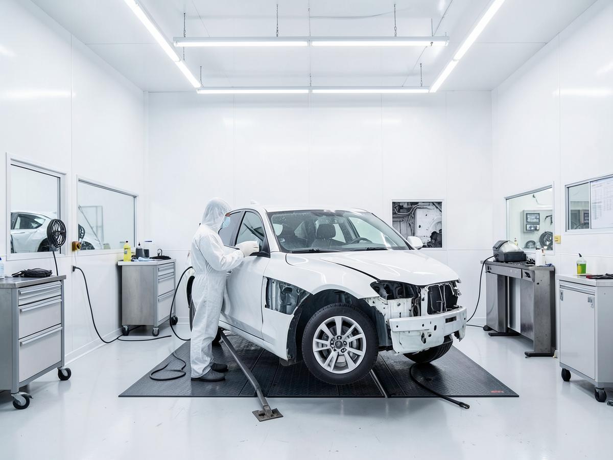 Vehicle being prepared inside a clean collision repair booth
