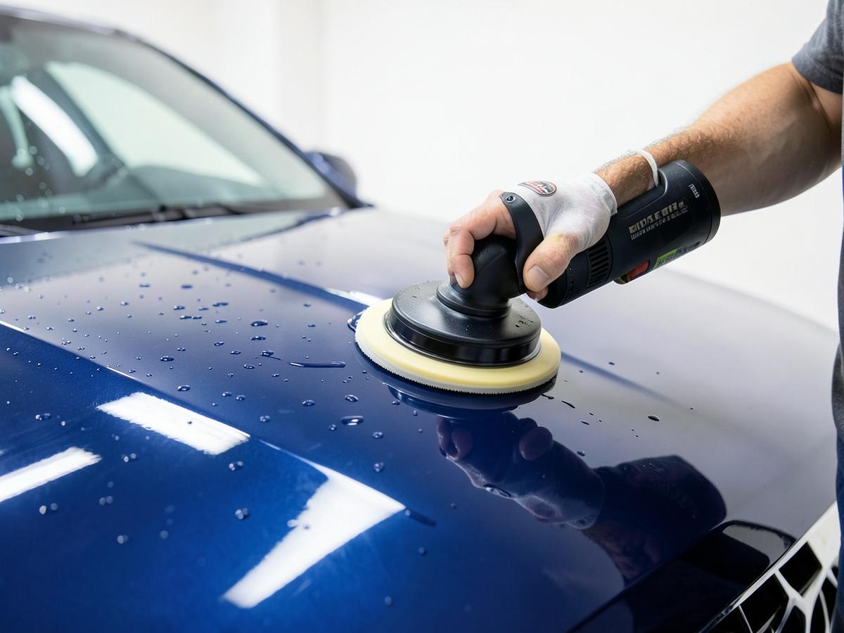 Polishing a glossy blue vehicle hood during a Car Hero detail