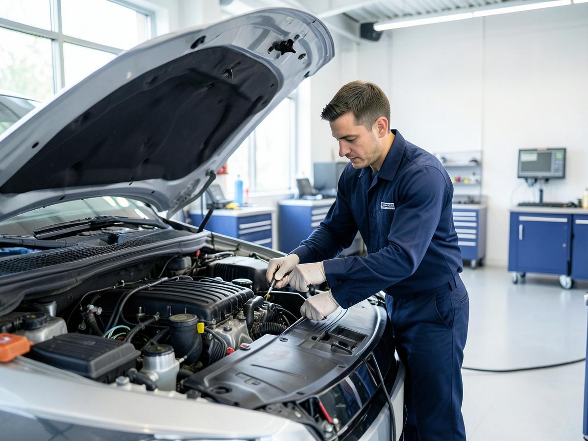 Car Hero technician performing engine service in a clean service bay