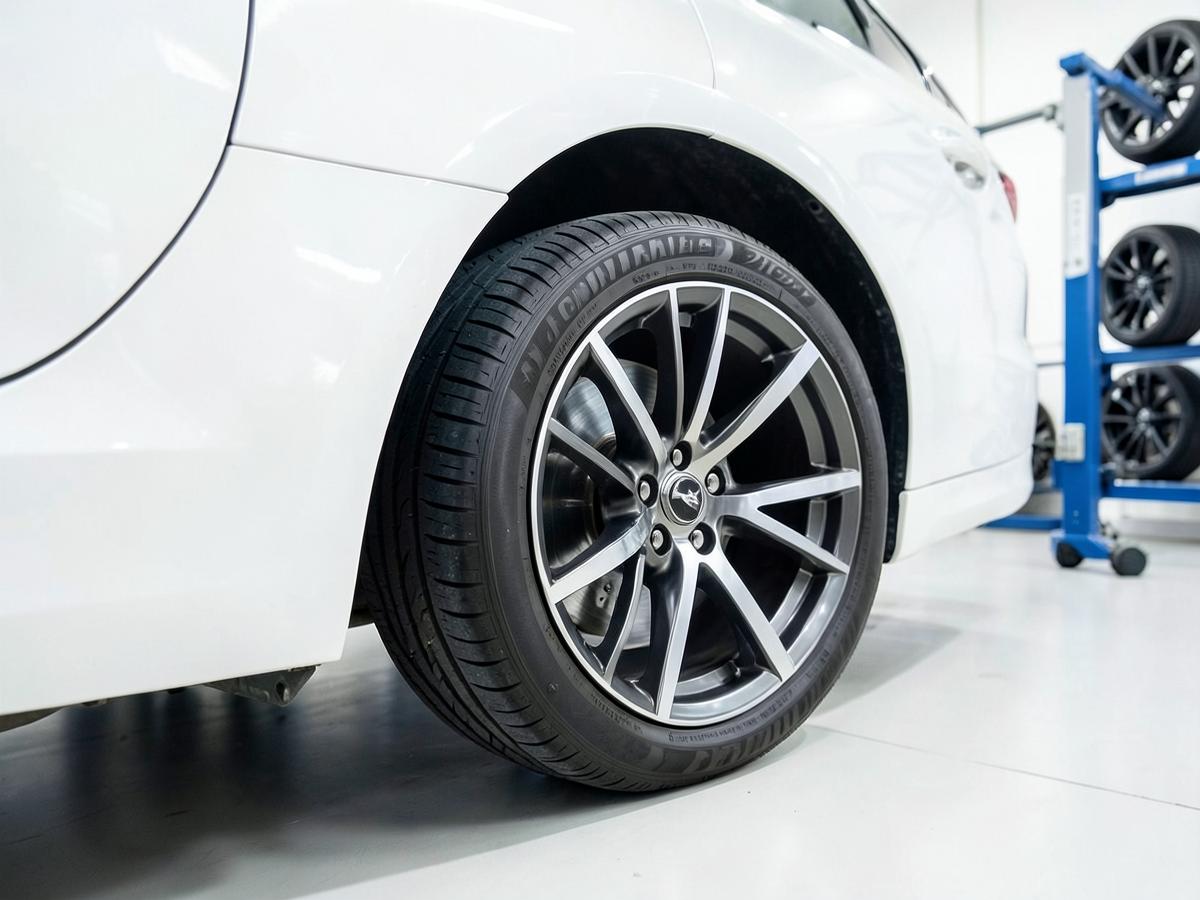New tire and alloy wheel mounted on a vehicle