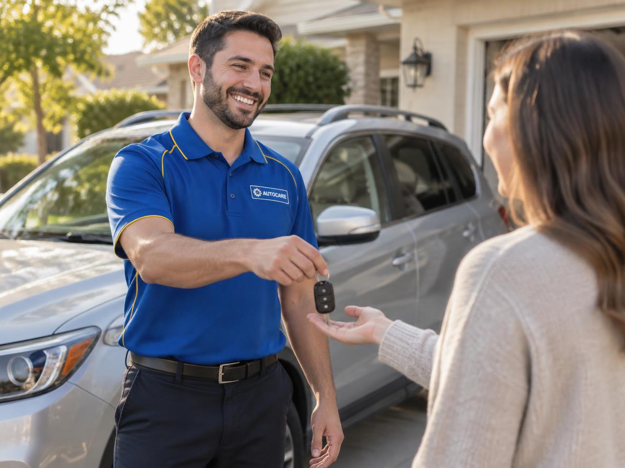 Car Hero service professional in a blue uniform handing keys to a customer in their driveway
